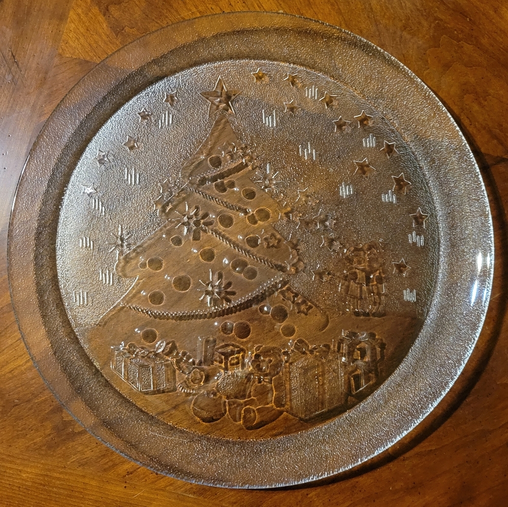 Vtg Pasari Platter Plate Clear Glass Christmas Tree Teddy Bear Presents Stars